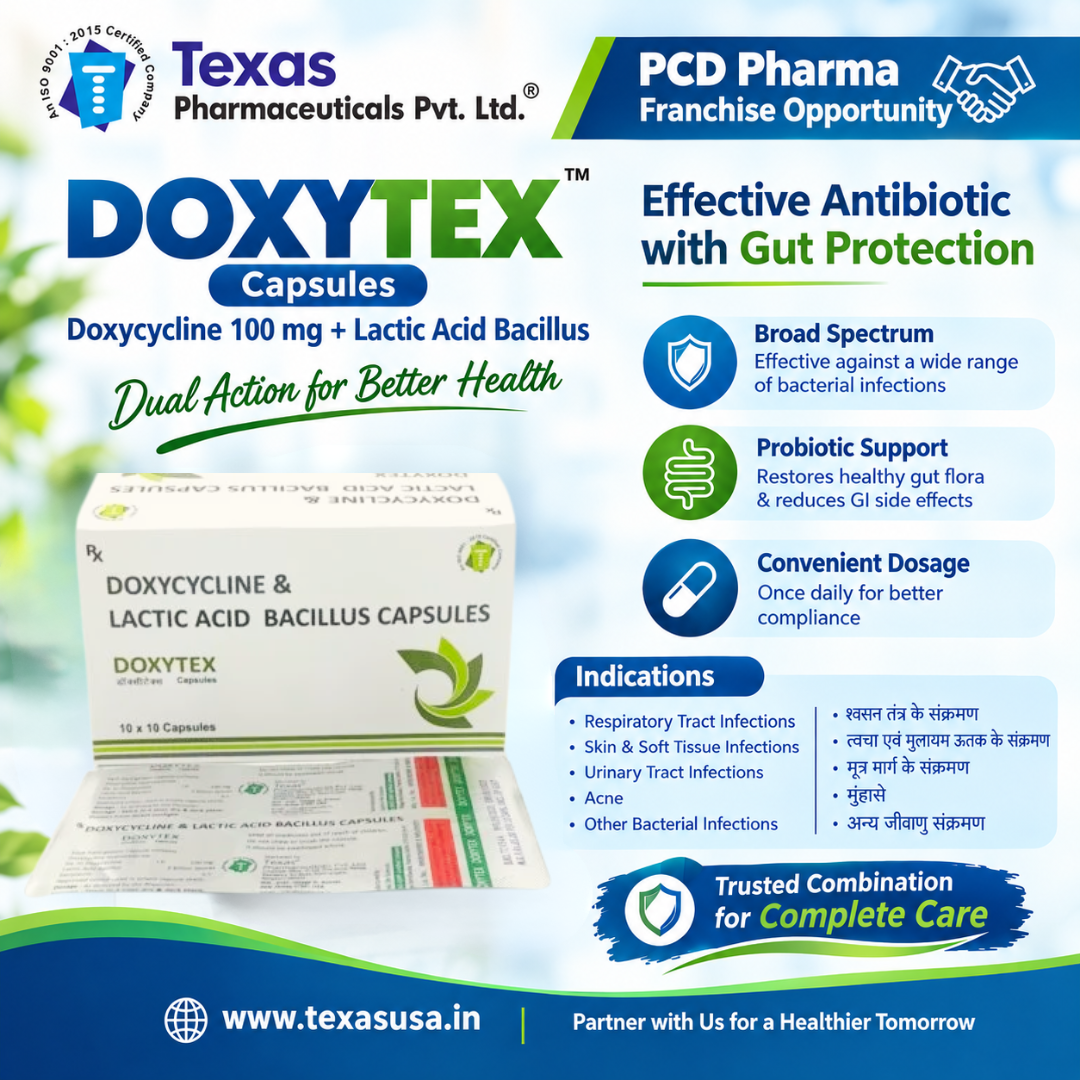 DOXYTEX Capsules – Doxycycline 100 mg + Lactic Acid Bacillus | PCD Pharma Franchise Opportunity
